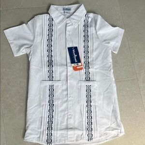 Blue Quail Guayabera White and Navy Embroidered Shirt SPF 50